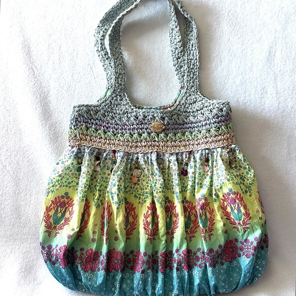 Blue Miami Multicolor Straw Cotton Purse Hand Bag‎ Tote Beaded Beachy - Picture 1 of 14